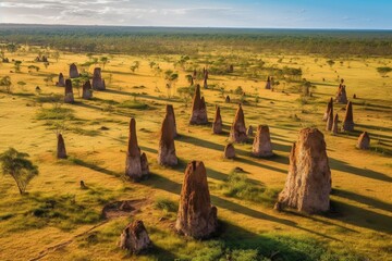 Wall Mural - aerial view of termite mounds in a landscape, created with generative ai