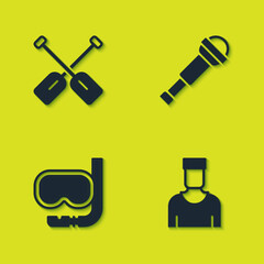 Sticker - Set Paddle, Sailor captain, Diving mask and snorkel and Spyglass telescope lens icon. Vector