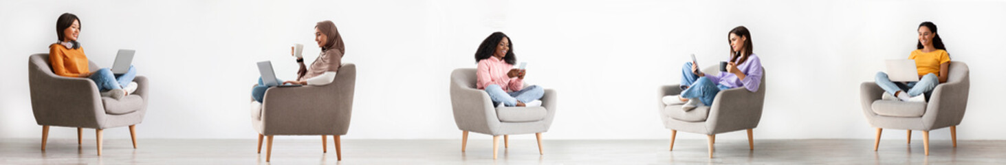 Wall Mural - Collage With Diverse Women Using Computers And Smartphones Sitting Indoor