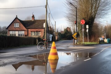 Sticker - bicycle parked next to a road sign warning of potholes, created with generative ai