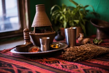 Sticker - ethiopian coffee ceremony setup with traditional grass mat and pot, created with generative ai