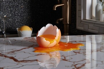 Wall Mural - egg cracked on edge of counter, yolk dripping, created with generative ai