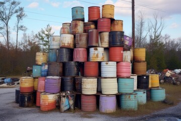 Poster - chemical waste barrels stacked outdoors at a facility, created with generative ai