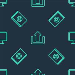 Poster - Set line Upload, Medical book and Computer monitor screen on seamless pattern. Vector