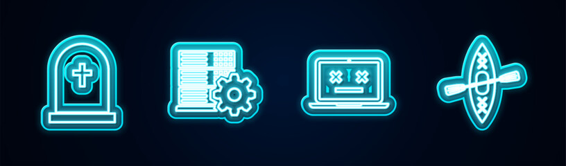 Poster - Set line Tombstone with cross, Server setting, Dead laptop and Kayak and paddle. Glowing neon icon. Vector