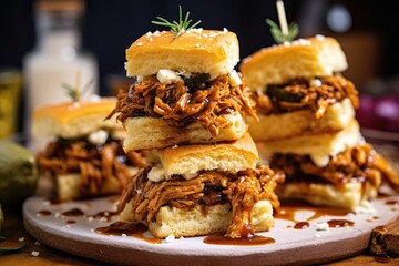 Sticker - homemade bbq pulled pork sliders on a plate, created with generative ai