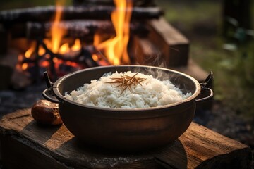 Sticker - rice in a rustic bowl with campfire in background, created with generative ai