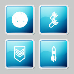 Poster - Set line Radar with targets, Aviation bomb, Chevron and Nuclear rocket icon. Vector
