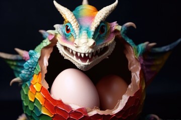 Wall Mural - small dragon peeking out of a colorful eggshell, created with generative ai