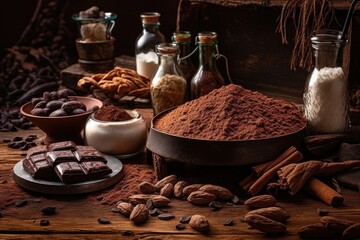 Wall Mural - cocoa beans, powder, and chocolate pieces on rustic table, created with generative ai