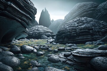 Wall Mural - layered rock formations on asteroids surface, created with generative ai