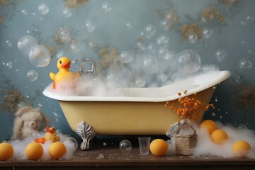 Sticker - baby bathtub with bubbles and rubber duck, created with generative ai