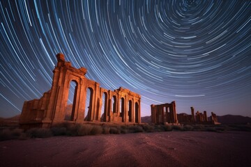 Canvas Print - star trails over ancient ruins in a desert environment, created with generative ai