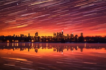 Sticker - star trails forming patterns over a city skyline, created with generative ai