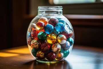 Poster - marbles in a transparent jar on a wooden table, created with generative ai