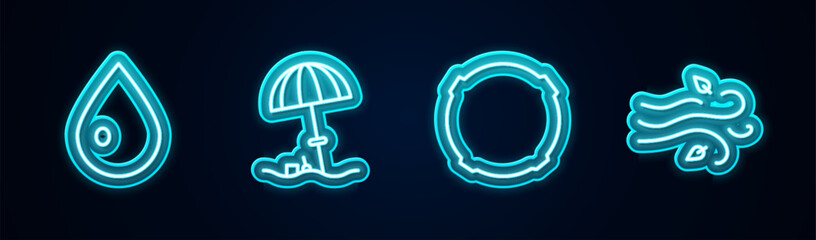 Poster - Set line Water drop, Sun protective umbrella for beach, Moon and Wind. Glowing neon icon. Vector