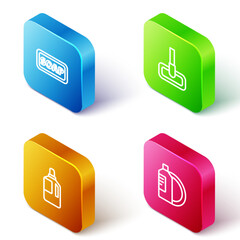 Sticker - Set Isometric line Bar of soap, Mop, Fabric softener and Dishwashing liquid bottle and plate icon. Vector