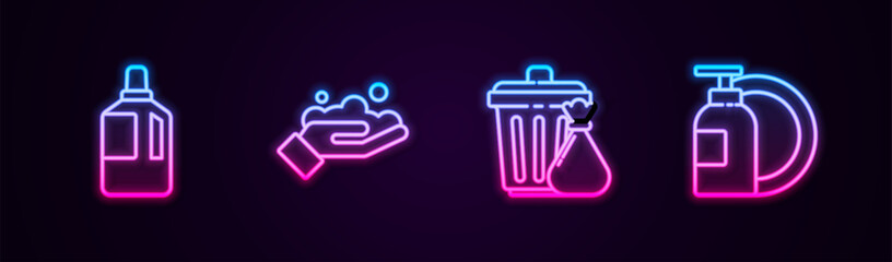 Poster - Set line Fabric softener, Washing hands with soap, Trash can garbage bag and Dishwashing liquid bottle plate. Glowing neon icon. Vector