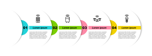 Sticker - Set line Smart home with wireless, refrigerator, drone and light bulb. Business infographic template. Vector