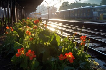 Poster - morning dew on train station flowers and plants, created with generative ai