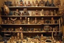 Collection Of Uncontacted Tribes Artifacts On Shelves, Created With Generative Ai