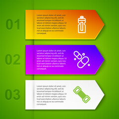 Sticker - Set line Fitness shaker, Vitamin pill and Chest expander. Business infographic template. Vector