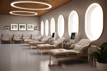 Canvas Print - minimalist airport lounge with charging stations, created with generative ai