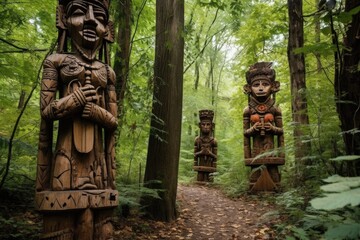 Wall Mural - hand-carved wooden tribal statues in a forest setting, created with generative ai