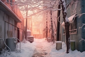 Poster - snow-covered urban alley with frosted trees, created with generative ai