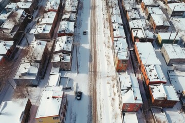 Sticker - top view of unplowed street forming a snow maze, created with generative ai