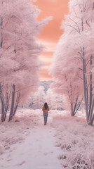 An illustrated scene depicts a snowy winter day at sunset, with a young woman walking along a path covered in snow through the forest. Generative AI.