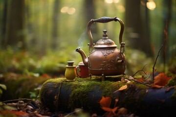 Poster - teapot on camp stove, surrounded by nature, created with generative ai