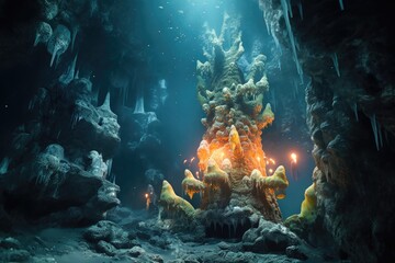 Sticker - glowing hydrothermal vent surrounded by deep-sea creatures, created with generative ai