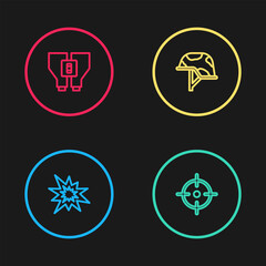 Poster - Set line Bomb explosion, Target sport, Military helmet and Binoculars icon. Vector