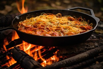 Sticker - cast iron skillet with spaghetti sauce over campfire, created with generative ai