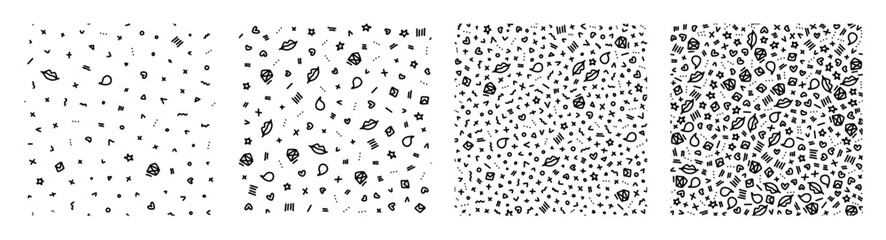 Vector doodle seamless pattern set. Tiny elements hand drawn hearts, lips, kisses, speech bubbles, letters and geometric items background. Tiny elements repeatable backdrops.