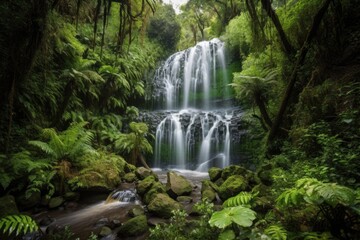 Wall Mural - majestic waterfall with cascading water flow, surrounded by lush greenery, created with generative ai