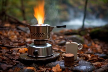 Canvas Print - brewing coffee with a portable espresso maker on campfire, created with generative ai