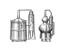 Distilled Alcohol. Device For Preparing Tequila, Cognac And Spirits. Engraved Hand Drawn Vintage Sketch. Woodcut Style. Vector Illustration For Menu Or Poster.