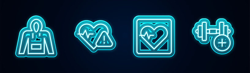 Poster - Set line Hoodie, Heart rate, and Dumbbell. Glowing neon icon. Vector