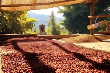 Canvas Print - coffee beans drying under the sun, created with generative ai