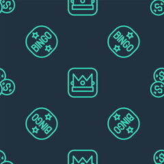 Poster - set line king playing card, bingo and casino chip with dollar on seamless pattern. vector