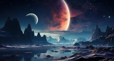 Alien world with mountains, lake, and glowing moons and planets. Space landscape in the universe. Desolate planet in the cosmos.