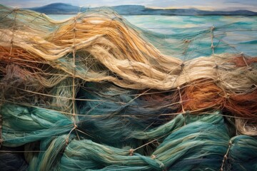 close-up of frayed fishing nets with ocean background, created with generative ai