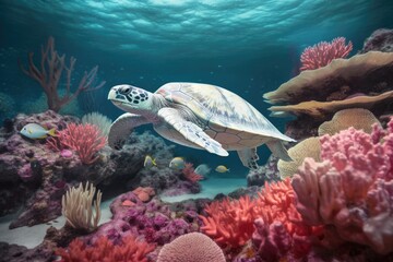 Wall Mural - albino sea turtle swimming gracefully through coral reefs, created with generative ai