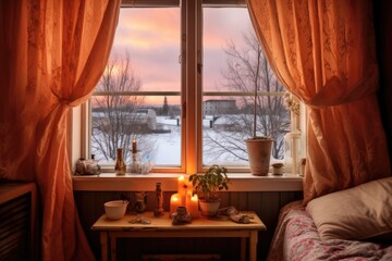 Canvas Print - window with insulated curtains and a snowy view, created with generative ai