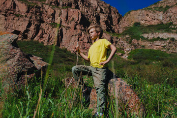 Wall Mural - Boy hiker with stick posing on a mountain pass