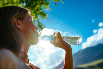Wall Mural - Young beautiful woman drinking pure water from a bottle in the mountains, focus on bottle