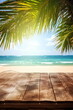 © DjoDee - Empty wooden table for product display on sea beach blurred background. Ai generative
