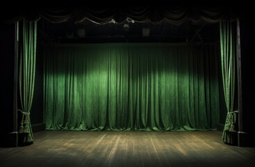 green velvet curtains. abandoned stage. 